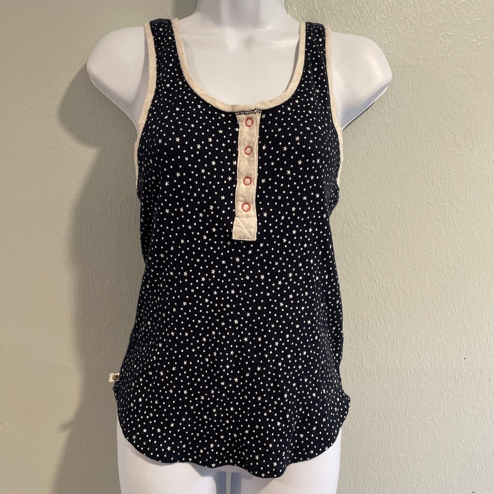 Abercrombie Fitch A&F Navy Henley Ribbed Tank Top Star Print‎ Contrast Snaps S